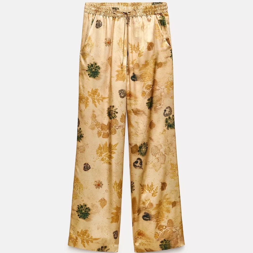 Zara  ZW COLLECTION PRINTED 100% SILK PANTS Trousers Size L NWT